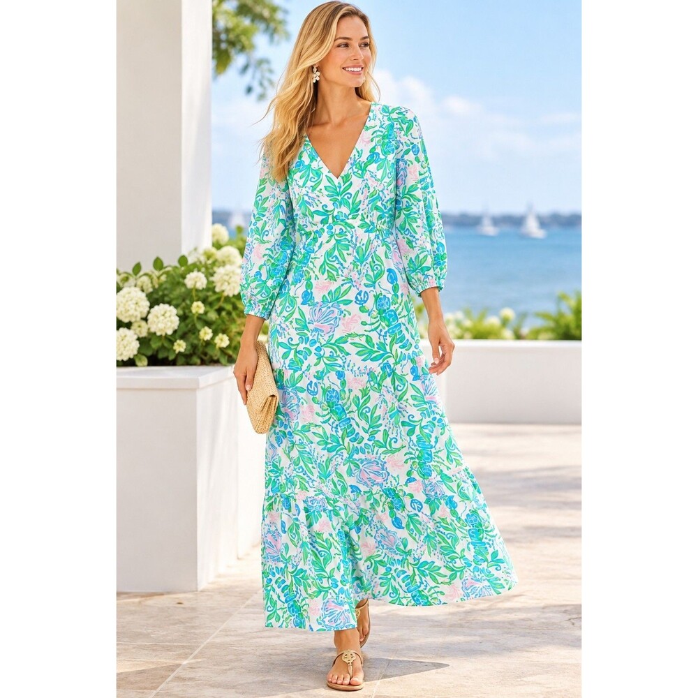 NWT Lilly Pulitzer Deacon Maxi Dress Sz 4 Resort White Just A Pinch 3/4 Sleeve
